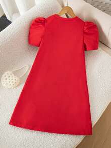 Girls' Butterfly Decor Short Sleeve Pleated Red Knit Dress, Loose Fit, Suitable For Spring/Summer, Holidays, Summer, Travel, Fits Girls Ages 8-12 - Red - View 2