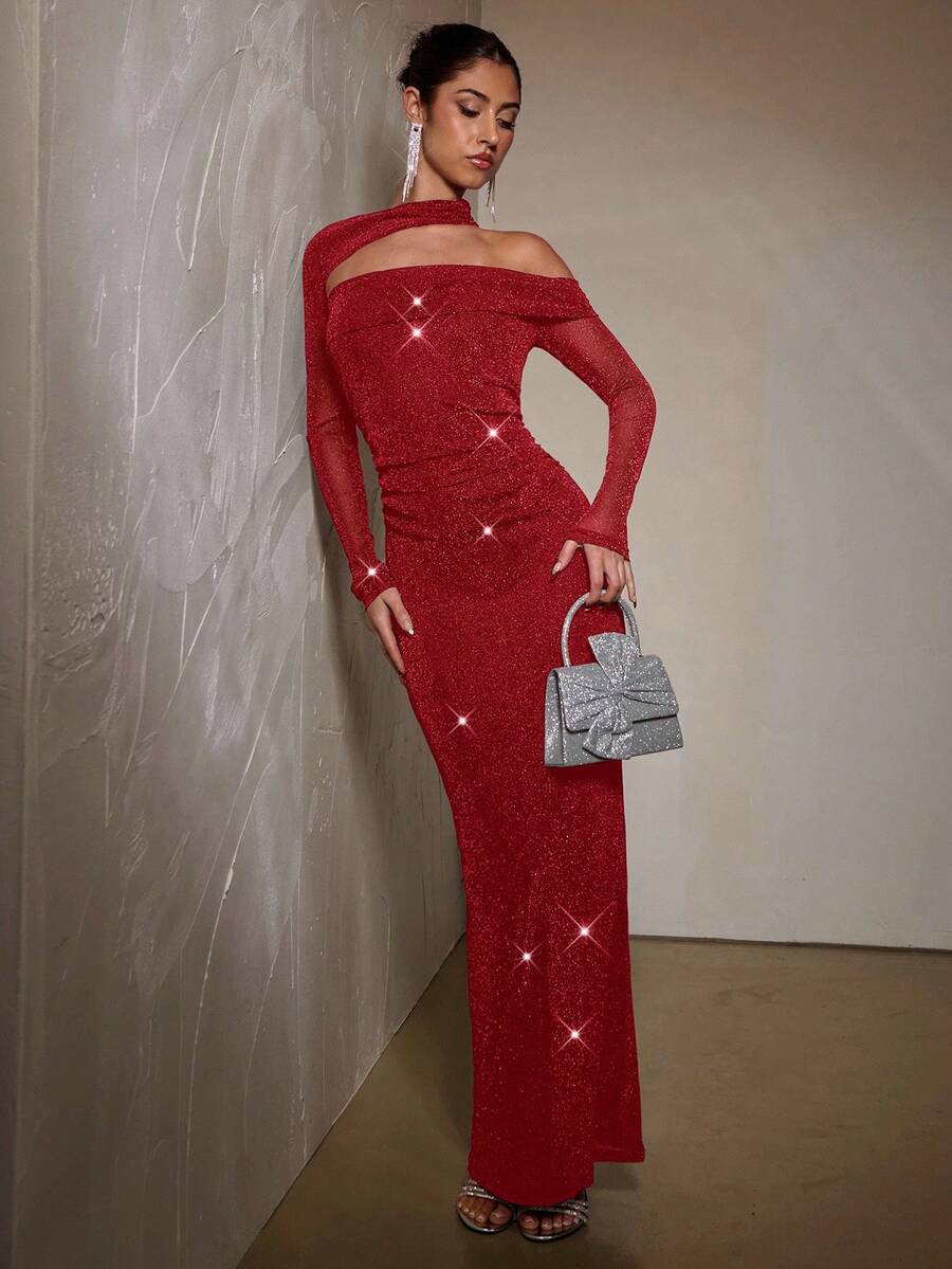 SHEIN BAE 优雅黑色不对称领长袖修身连衣裙，黑色连衣裙，正式礼服，派对礼服，鸡尾酒礼服 - 紅色 - 查看 1