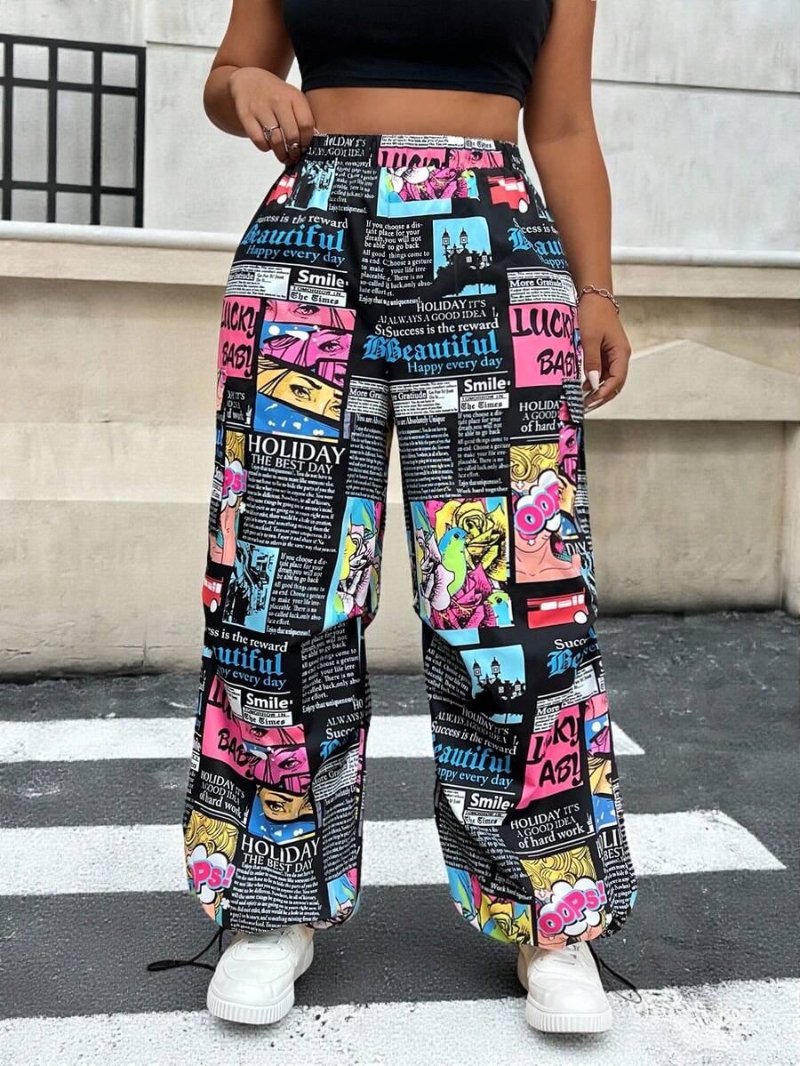 SHEIN EZwear 女裝加大號報紙主題塗鴉印花工裝褲