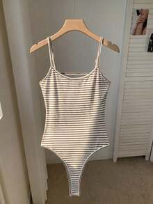 Comfortcana Women's Sexy Striped Open Back Camisole Bodysuit For Summer - Brown - View 4