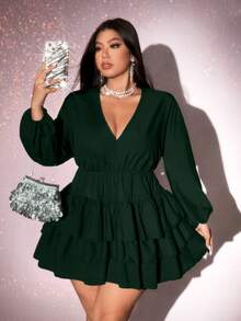 Viva Relle Plus Size Solid Color V-Neck Ruffle Hem Elegant Long Sleeve Dress,Valentine - Dark Green - View 3