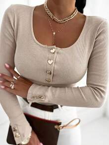 INAWLY Áo thun cổ tròn tay dài ôm sát, họa tiết trái tim cỡ lớn dành cho nữ - Màu be - Xem 1