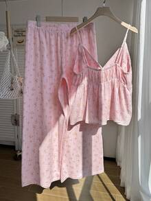 Comfortcana Plus Size 2pcs Set:Floral V-Neck Ruffle Trim Camisole And Shorts, Casual, Spring/Summer,Comfortable Pure Cotton Two-Piece Sets Women, Summer Outfits - Pink - View 2