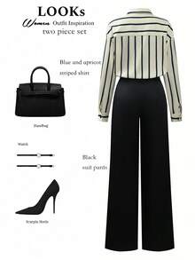 Franclia 女士条纹翻领单排扣长袖衬衫和阔腿裤通勤套装 - 杏色 - 查看 2