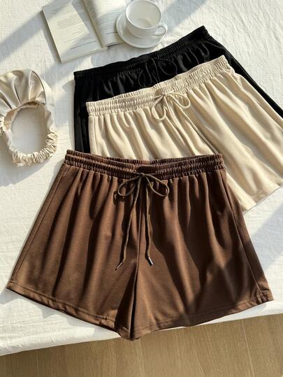 Comfortcana 3 Pcs/Set Plus Size Solid Drawstring Casual Daily Spring Summer Shorts Women Shorts