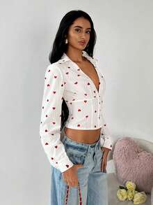 TRNVIE Women's Heart Print Long Sleeve Cropped Fitted Fashionable Sexy Blouse - Red and White - View 1