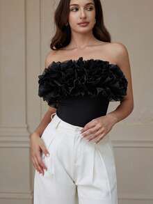 Aveloria Rosie European And American Light Luxury Romantic Date Style Autumn And Winter New Fashion Versatile Knitted Stitching Organza Multi-Layer Design Chest Jumpsuit - Black - View 1