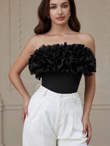 Aveloria Rosie European And American Light Luxury Romantic Date Style Autumn And Winter New Fashion Versatile Knitted Stitching Organza Multi-Layer Design Chest Jumpsuit - Black - View 5