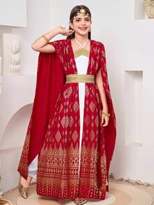 SHEIN Tween Girl Gold Foil Print Round Neck Dress - White - View 5