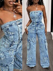 BamGleam 女式十字绣挂脖阔腿牛仔连体裤 - 中等水洗藍 - 查看 1