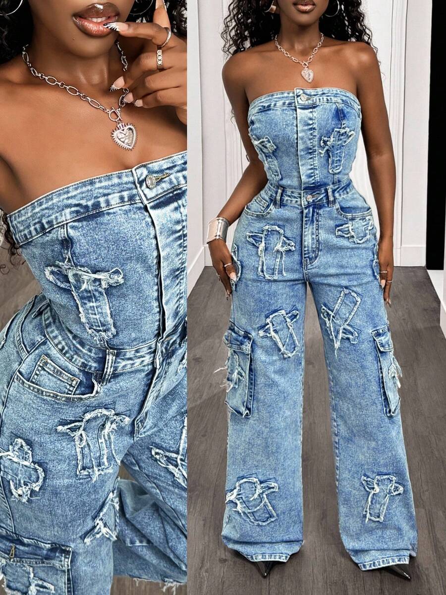 BamGleam 女式十字绣挂脖阔腿牛仔连体裤 - 中等水洗藍 - 查看 1