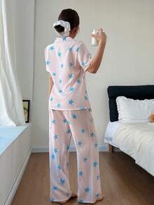 SHEIN Bộ đồ ngủ cardigan ve áo sọc sao dành cho nữ - Màu xanh lam - Xem 2