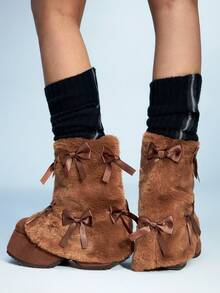 Sugerpunk 女士人造毛皮蝴蝶结装饰厚底中筒靴 - 棕色 - 查看 9