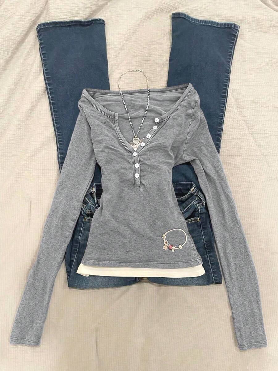 Glimmora 1pc Women's Slim Fit Long Sleeve 2 In 1 T-Shirt - Grey - View 1