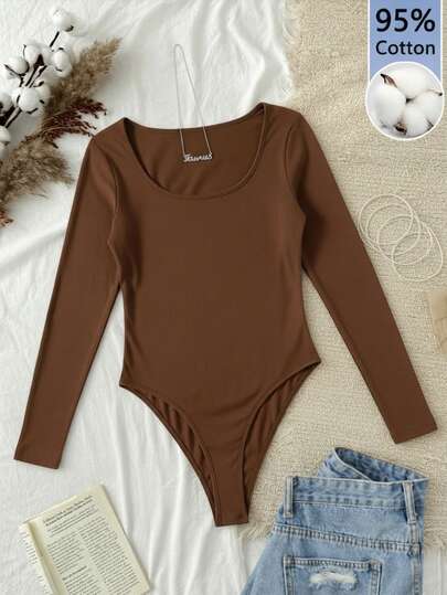 Tseoso 95% Cotton Women's Square Neck Long Sleeve Casual Bodysuit - Soft & Breathable Autumn/Winter Base Layer, Comfortable & Versatile For Work, Office, Formal Events, Or Home Wear Carnival