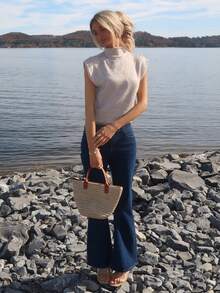 Sydney Algeri 优雅高领宽松休闲百搭无袖针织毛衣背心外出上衣女秋冬上学上衣 - 杏色 - 查看 5