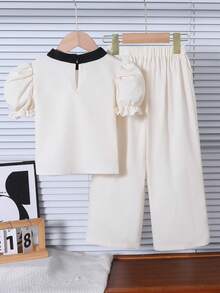 Genkimix Kids 女童撞色滚边圆领泡泡袖上衣配蝴蝶结装饰和松紧腰裤套装