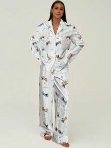 Aloruh 2pcs Women Cartoon Print Long Sleeve Top And Pants Set - Baby Blue - View 4