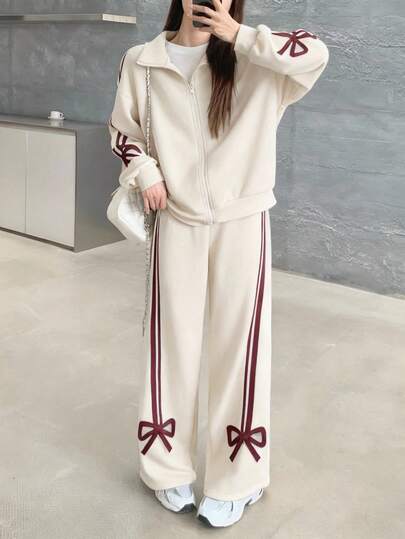 SHEIN 少女纯色针织开衫和阔腿裤休闲套装