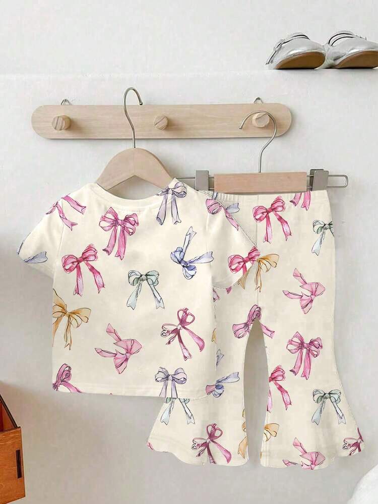 SHEIN Playful Pals Baby Girl Short Sleeve Round Neck T-Shirt And Pants Fashion Summer Outfit Set - Apricot - View 2