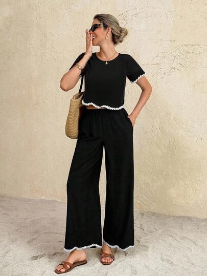 SHEIN Frenchy 2pcs Women Contrast Color Round Neck Short Sleeve Top And Pants Set,Fashion Vacation Casual Contrasting Color Lace Trim   Short  Sleeve Top & Pants 2 Pieces Set,All-Season, Black Set Women, Sleeveless Top And Pants 2 Pieces Set, Fall Women Clothes,Business Casual Woman,Wide Leg Pants Woman 2 Pieces Set,Lace Wave Edge Shirt Summer Casual Black,French Holiday Outfits Summer Sets , Spring  Sets ,Spring Outfit Women ,Valentine's Day ,New Year Sets Wide Leg Pants Set Two Piece Set Women Short Sleeve Resort