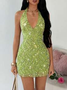 SHEIN TRNDY Women's Deep V-Neck Hollow Sequin Mini Party Beach Dress, Green - Green - View 7
