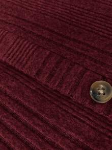 SHEIN LUNE Plus Size Casual Solid Color Button Front Ribbed T-Shirt, Autumn - Burgundy - View 5