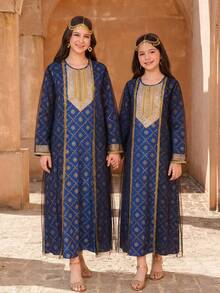 Teen GirlGlamorous Party Celebration Outfit Set: Long Sleeve Robe, Abaya Robe, Mesh Overlay Jacket, Gold Collar Flower Decor - Royal Blue - View 8