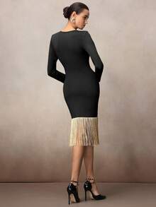 Modelyn Váy dự tiệc sang trọng, viền tua rua - màu đen - Xem 2