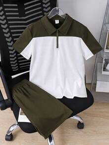 SHEIN Bộ 2 áo thun polo và quần short họa tiết khối màu tương phản thường ngày cho bé trai, thích hợp mặc đi làm, đi học, mặc thường ngày, thể thao, xuân/hè - xanh quân đội - Xem 4