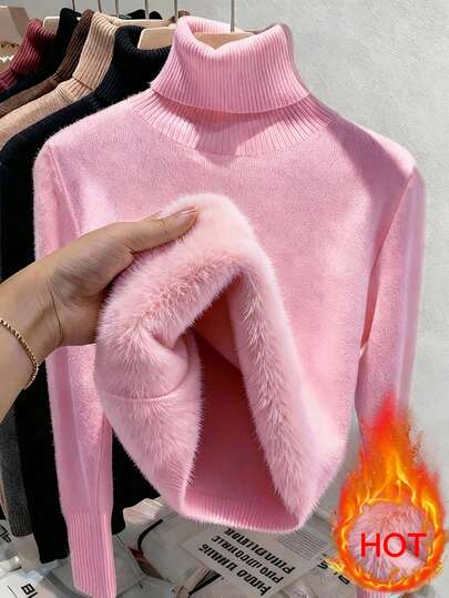 Franclia Warm High Neck Thick Velvet Slim Fit Long Sleeve Pullover Sweater, European And American Fall/Winter Essential Base Layer Knit Pullover