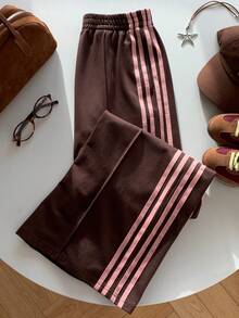 Comfortcana Kontrastrandiga mjukisbyxor med vida ben för kvinnor, avslappnade - Kaffebrun - Visa 4