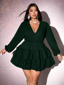 Viva Relle Plus Size Solid Color V-Neck Ruffle Hem Elegant Long Sleeve Dress,Valentine - Dark Green - View 1
