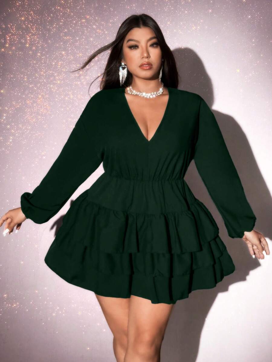 Viva Relle Plus Size Solid Color V-Neck Ruffle Hem Elegant Long Sleeve Dress,Valentine - Dark Green - View 1
