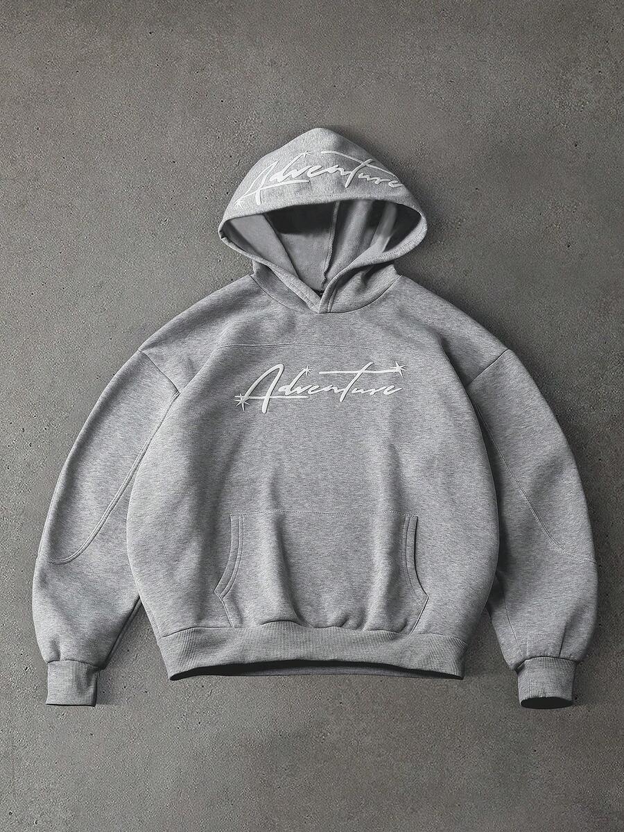 男士字母印花长袖休闲口袋连帽卫衣，PAVTROS，Y2k，狂欢节，街头服饰，复古，度假，我爱我的男朋友，情人节，结构拼接连帽泡沫印花复古字母连帽衫 - 淺灰色 - 查看 1