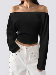 LYSMO Crop top de manga larga con los hombros descubiertos y unicolor para mujer