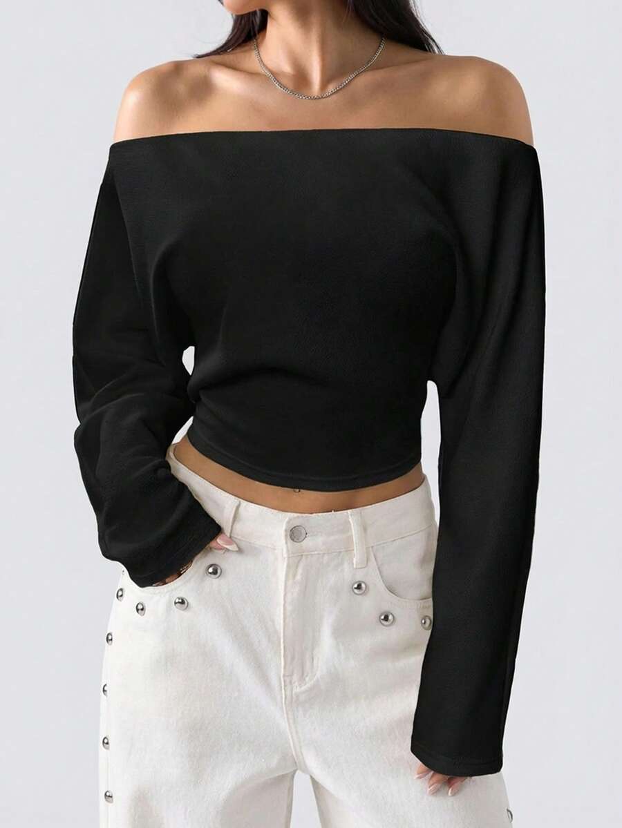 LYSMO 女士露肩纯色长袖短款上衣