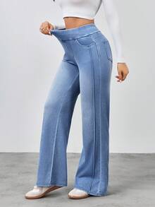 SHEIN Unity Jeans rectos de cintura alta lavados de estilo casual para mujer - Azul - Ver 4