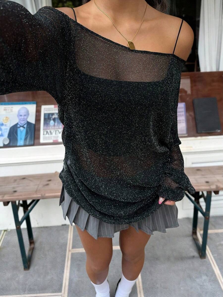 SHEIN EZwear 1 件女式不对称领闪亮网眼长袖时尚上衣