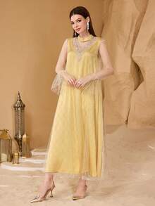 Al Najma Fashionable New Luxury Elegant Beaded Mesh Women's Arabic Style Dress - Yellow - View 3