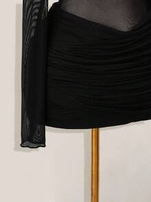 SHEIN PETITE CURVE Plus Size Women Solid Color Ruched Sexy Long Sleeve Sheer Mesh Dress - Black - View 3