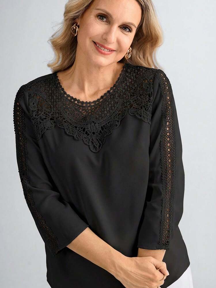 Plus Size Elegant Solid Color Lace Patchwork Blouse, Autumn Black Lace Top Lace Blouse Blouses For Women Elegant
