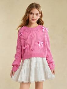 Soft Pink Cute Autumn Party School Girls' Knitted Sweater, Crew Neck Short Style 3D Bow Decor, Versatile For Casual Fairy Outings, Photography - Hot Pink - View 3