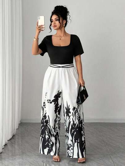 Elenzga Plus Size Women's Spring/Summer Elegant Black & White Floral Print Jumpsuit, Fitted Waist Design, Wide Leg Floral Printed Romper, Suitable For Brunch, Shopping, Casual Outings, Family Gatherings, Beach Vacation Or Music Festivals