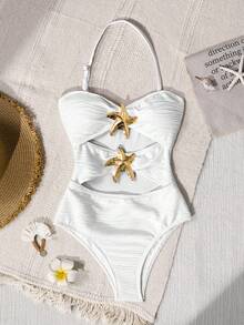 SHEIN Tween Girl Casual Vacation White 1pc Detachable Strap Hollow Starfish Accent Ruched One-Piece Swimsuit, Summer Beach - White - View 1