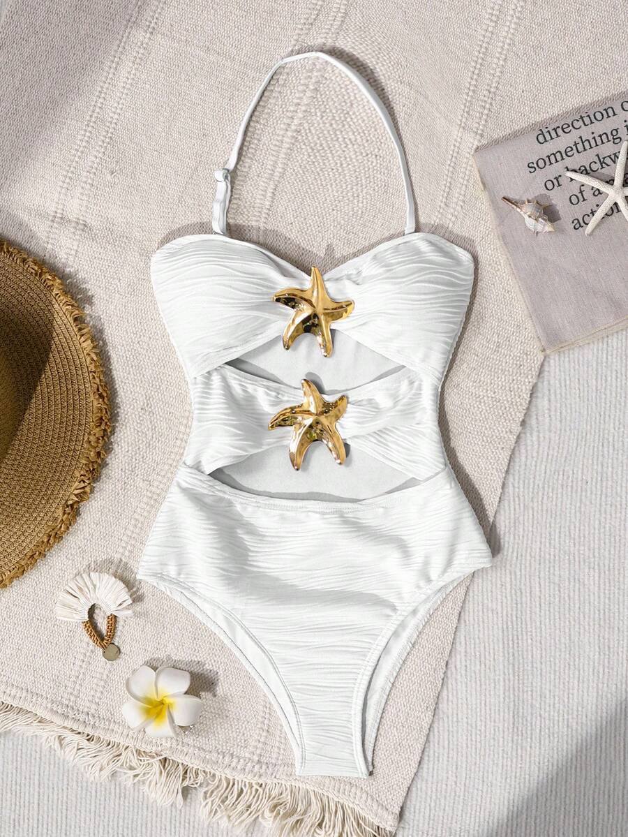 SHEIN Tween Girl Casual Vacation White 1pc Detachable Strap Hollow Starfish Accent Ruched One-Piece Swimsuit, Summer Beach - White - View 1