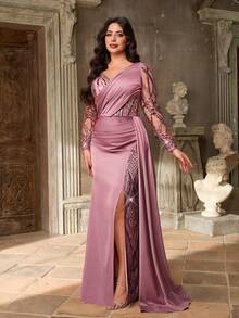 Aureia Plus Size Elegant Dusty Pink Sequin Satin Gown,Spring Formal Evening Prom Dress With Sheer Long Sleeve,V-Neck Ruched Fishtail Hem Wedding Party Gown - Dusty Pink - View 9