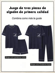Pijamas Navideñas de Hombre: Conjunto de 3 Piezas en Algodón Suave, Estilo Casual con Rayas Azules, Pijama de Hombre Ideal para Navidad Familiar - Azul oscuro - Ver 2