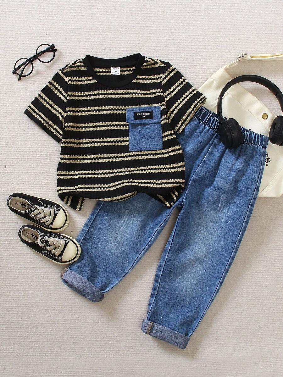 SHEIN 2pcs Set Young Boy Striped Print Round Neck T-Shirt Paired With Washed Denim Jeans. The T-Shirt Features Round Neck Design With Denim Pocket Details That Coordinates With The Washed Denim Jeans, Creating A Stylish Look. The Simple And Fashionable Design Showcases The Boy's Personal Charm, Suitable For Daily Casual And School Wear, Suitable For Different Seasons.