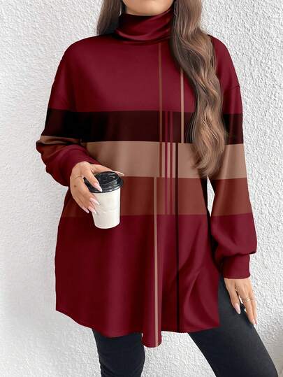 EMERY ROSE 复古撞色条纹印花休闲简约大码女式高领长款T恤，适合秋冬季、圣诞节、新年、派对等场合，红色T恤，春季穿着。